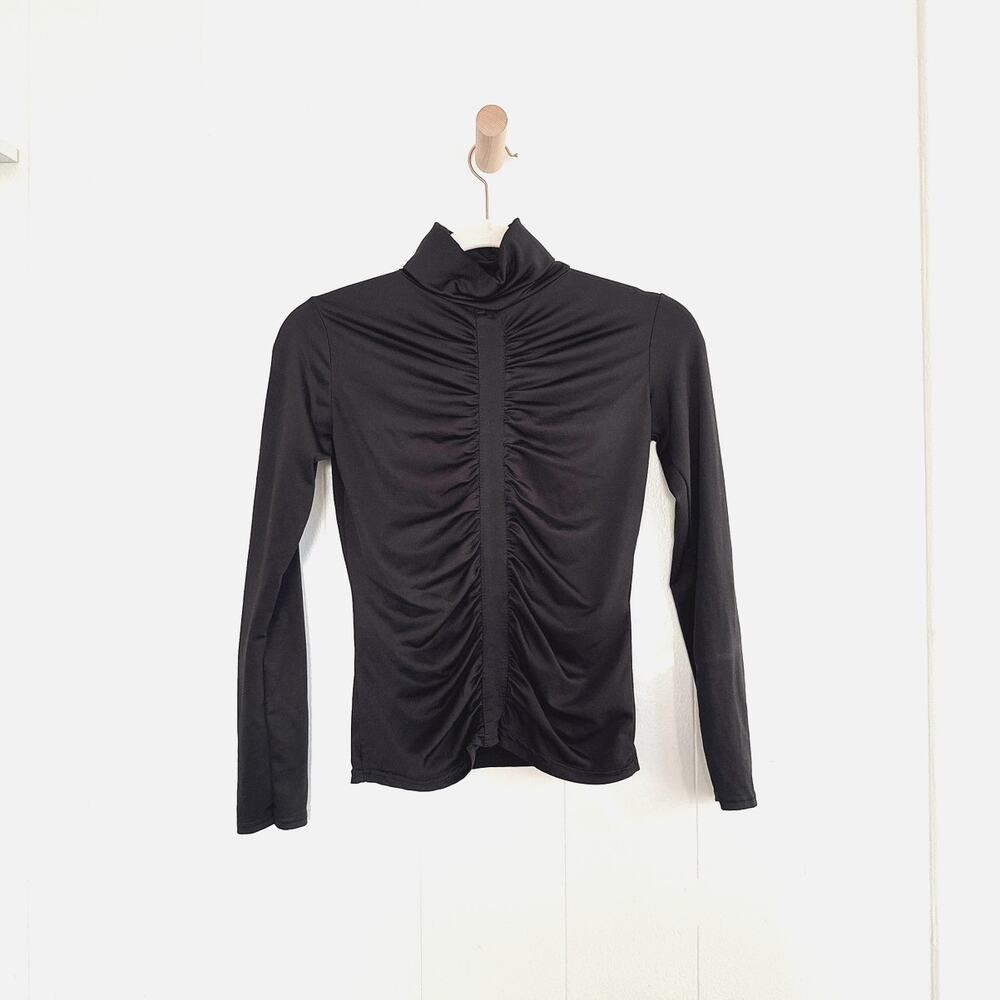 Vintage 90s Ruched Center Mock Neck Spandex Long Sleeve Top Black XS S